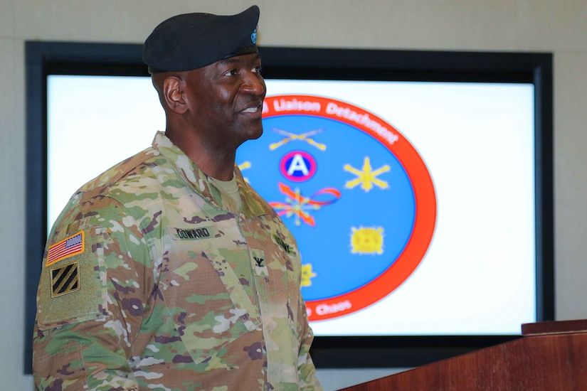 Col. Oscar W. Doward Jr., outgoing commander of the 2503rd Digital Liaison Detachment, U.S. Army Central, shares his remarks during a change-of-command ceremony July 19, 2018, at Patton Hall on Shaw Air Force Base, S.C. (U.S. Army photo by Sgt. Von Marie Donato)