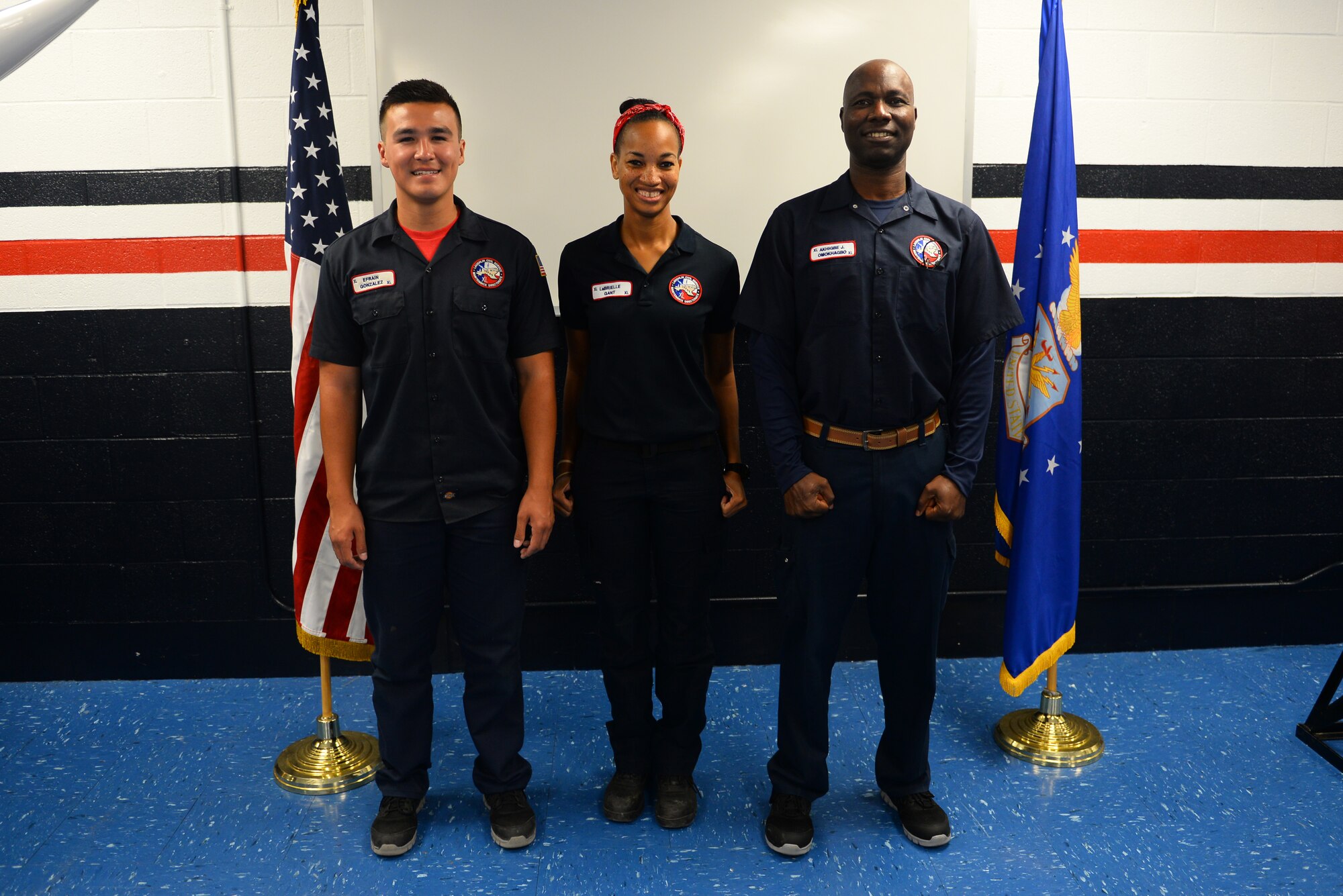 Efrain Gonzales, Labrielle Gant and Jude Akhigbe (from left to right), recently graduated the Air Force’s Pathways Program, at Laughlin Air Force Base, Texas, July 13, 2018. The three finished a two-year internship-style course that helped push them further in their maintenance careers. Two of the three graduates, Ms. Gant and Mr. Gonzales, decided to further their studies at Laughlin, while Mr. Jude Akhigbe, a T-6 APG aircraft general mechanic and Nigerian native, chose to pursue an opportunity at Altus, Air Force Base, Oklahoma. (U.S. Air Force photo by Senior Airman Benjamin N. Valmoja)