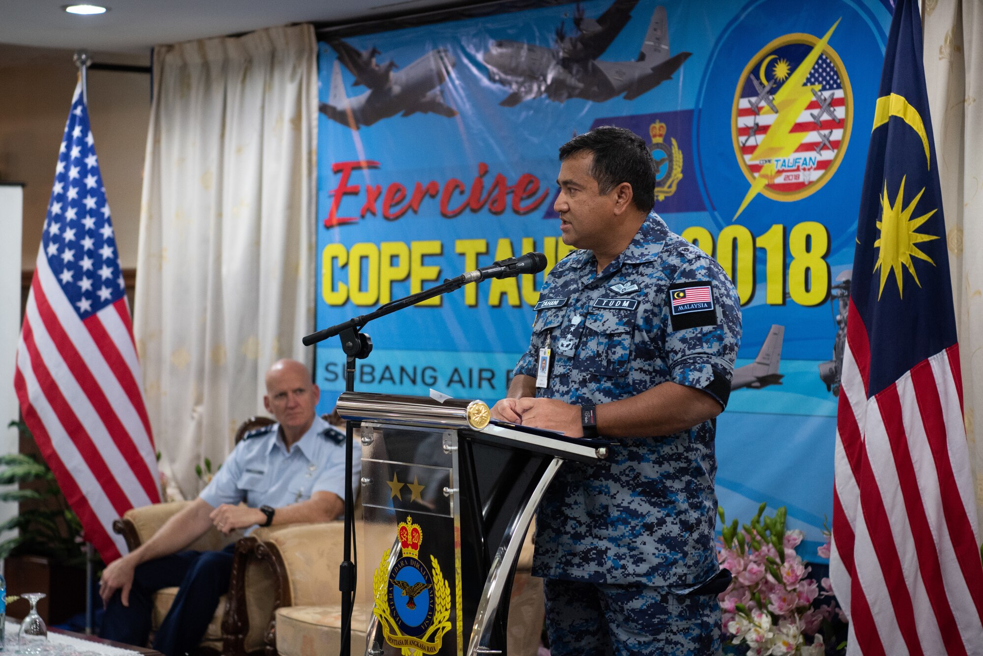 Royal Malaysian Air Force Maj. Gen. Zahani Zainal Abidin, Air Operation Command Headquarters Chief of Staff, gives closing remarks to the participants of Cope Taufan 18 (CT18) at Subang Air Base, Malaysia, July 20, 2018. CT18 reinforces U.S. INDOPACOM Theater Security Cooperation goals for the Southeast Asian region and demonstrates U.S. capability to project forces strategically in a combined joint environment. (U.S. Air Force photo by Tech. Sgt. Michael Smith)