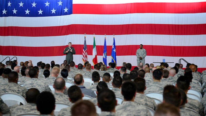 Gen. Tod D. Wolters, U.S. Air Forces in Europe and Air Forces Africa commander, speaks with Airmen at an all call during his visit to Aviano Air Base, Italy, July 23, 2018. Wolters met with Team Aviano members to express his gratitude for the hard work and dedication the wing gives toward defending U.S. and NATO interests and to remind Airmen to take time for themselves and their families. (U.S. Air Force photo by Staff Sgt. Cary Smith)