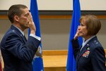 Maj. Gen. Robert Skinner, Air Forces Cyber commander, administers the Oath of Office to Brig. Gen. Michelle Hayworth, AFCYBER vice commander, during her promotion ceremony at Joint Base San Antonio-Lackland July, 16. In June, Hayworth re-joined AFCYBER from Air Force Space Command. She previously served in AFCYBER, most recently as the 688th Cyberspace Wing Commander.