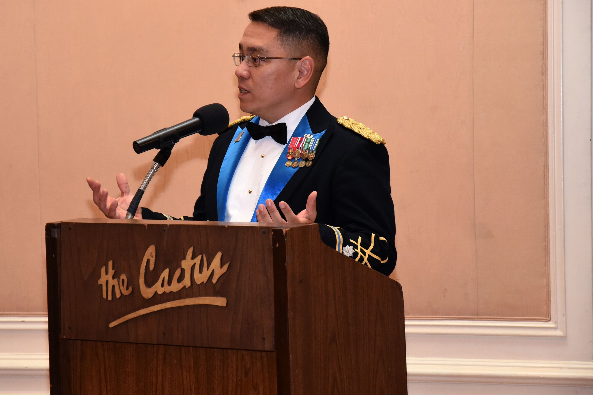 U.S. Army Lt. Col. Yukio Kuniyuki, 344th Military Intelligence Battalion commander, reminds soldiers of their heritage in the signals intelligence and cryptology fields of the Army at the centennial celebration at the Cactus Hotel in San Angelo, Texas, July 20, 2018. He thanked members and their guests for attending and encouraged everyone to remember that, as service members, everyone is needed to fulfill the mission. (U.S. Air Force photo by Airman 1st Class Seraiah Hines/Released)