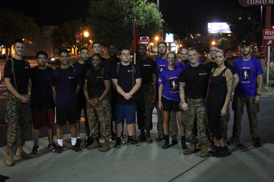 The Rucking Raiders were joined by Marine Corps Recruiting Station Columbia during their Marine Raider March on a portion of the 900 mile ruck on July 21, 2018, as they passed through Columbia, S.C. Marines and future Marines from RS Columbia joined the ruckers for 8 miles of their journey, to honor service members who lost their lives in a aircraft crash a year ago. To support the march, follow the Marine Raider Memorial March on Facebook and visit their website at http://www.ruckingraiders.com. (U.S. Marine Corps photo by Sgt. Tabitha Bartley)