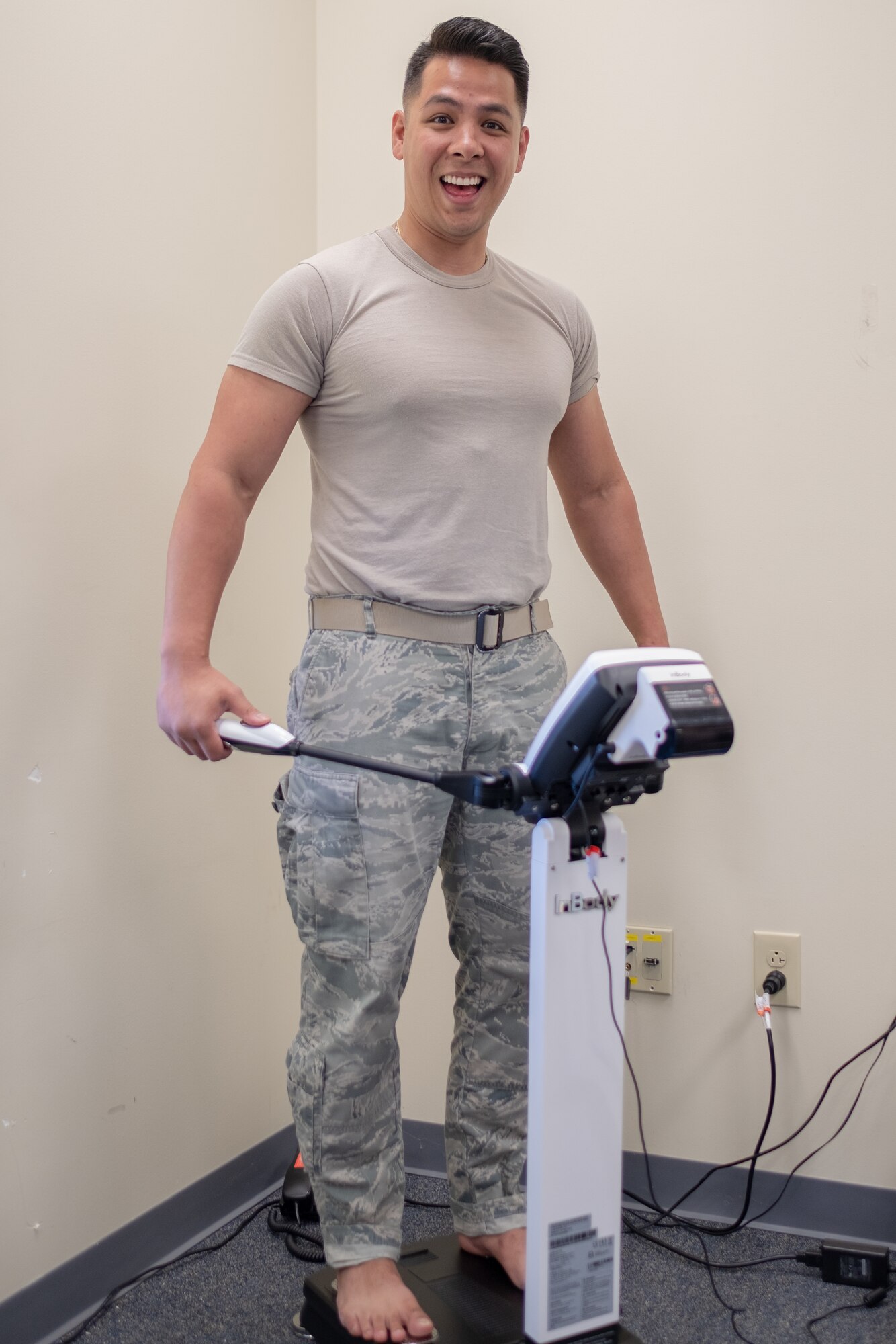 Senior Airman Tam Dang, 514th Air Mobility Wing, takes part in an InBody analysis, which measures your segmental muscle, fat and water percentages in less than a minute. the Civilian Health Promotion Services provides free InBody and blood screenings to DoD employees. For more information contact CHPS at 609-754-1963 or email at anna.orlov@.ctr@us.af.mil or michele.jones.3.ctr@us.af.mil.