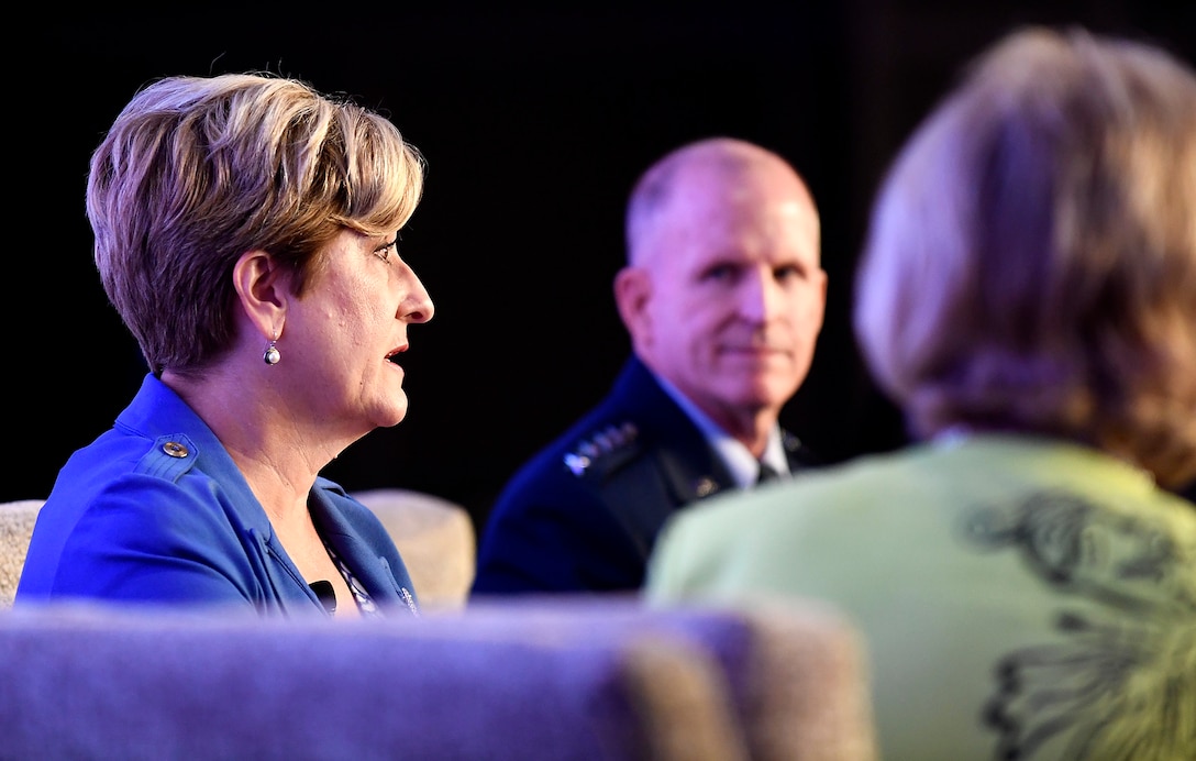 Air Force Vice Chief of Staff Gen. Stephen W. Wilson, and his wife Nancy, speak with Dr. Mary Keller, President and Chief Executive Officer of the Military Child Education Coalition during the MCEC National Training Seminar in Washington, D.C., July 24, 2018. The Air Force has continuously placed an emphasis on school age dependent education because of a direct correlation with family resilience to maintain a willingness of families to continue to support their Airman sponsors wherever they are asked to serve. (U.S. Air Force photo by Staff Sgt. Rusty Frank)