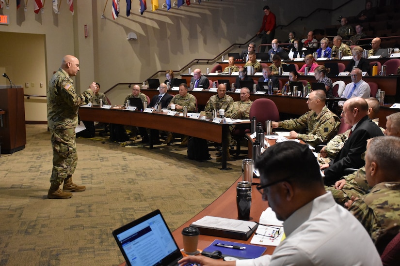 Brig. Gen. Alberto C. Rosende, assistant to the deputy commanding general, U.S. Army Reserve Command, speaks to the 88th Readiness Division command team along with the command teams of the 81st Readiness Division and USARC, as well as key staff from the 63rd RD and 99th RD, during the annual Mission Readiness Review (MR2) at the 88th RD headquarters on Fort McCoy, Wis., July 11 and 12.