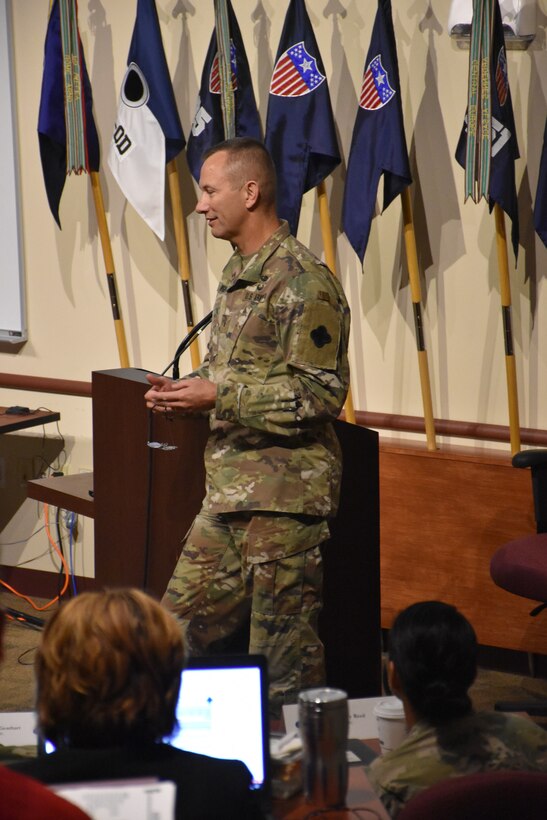 Brig. Gen. Tony R. Wright, the 88th RD deputy commanding general, presents an organization overview to the command teams of the 81st Readiness Division and U.S. Army Reserve Command, as well as key staff from the 63rd RD and 99th RD, during the annual Mission Readiness Review (MR2) at the 88th RD headquarters on Fort McCoy, Wis., July 11 and 12.