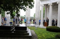 Brigadier Gen. Tony L. Wright, at podium, deputy commanding general for the 88th Readiness Division, speaks during the President Warren G. Harding wreath laying ceremony in Marion, Ohio July 21. Wright served as the representative for President Donald J. Trump during the annual ceremony to honor the service and legacy of the 29th president of the United States.