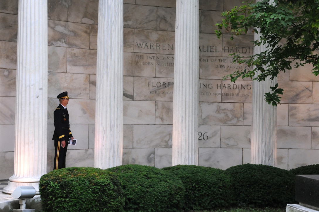 Brigadier Gen. Tony L. Wright, deputy commanding general, 88th Readiness Division, reads the inscription of the Warren G. Harding Tomb in Marion, Ohio, July 21 prior to a wreath laying ceremony honoring the 29th president of the United States. Wright served as President Donald J. Trump's representative for the annual ceremony.