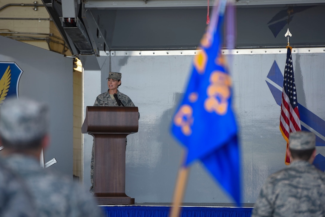 Col. Susan Riordan-Smith, 23d Mission Support Group commander, gives final remarks during a change of command ceremony, July 25, 2018, at Moody Air Force Base, Ga. Riordan-Smith thanked the 1,500 men and women of the MSG that train, equip and deploy personnel support forces to build, protect and sustain air bases worldwide for combat air operations during her tenure. (U.S. Air Force photo by Senior Airman Greg Nash)