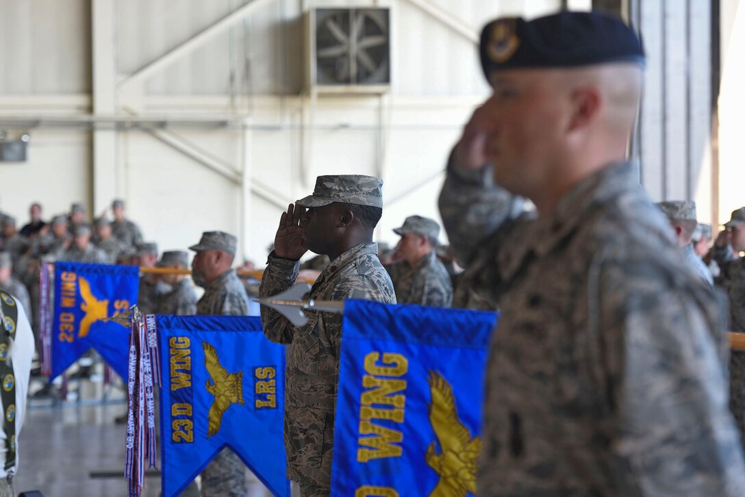 Members of the 23d Mission Support Group salute during a change of command ceremony, July 25, 2018, at Moody Air Force Base, Ga. The 23d MSG recognized the formal transfer of authority and responsibility as Col. Susan Riordan-Smith relinquished command to Col. Brian Stumpe. The 23d MSG is comprised of six squadrons with approximately 1,500 personnel dedicated to training, equipping and deploying personnel support forces to build, protect and sustain air bases worldwide for combat air operations. (U.S. Air Force photo by Senior Airman Greg Nash)