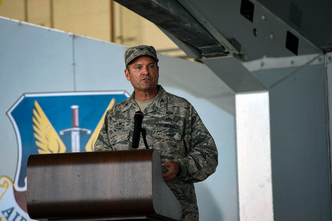 Col. Brian Stumpe, 23d Mission Support Group commander, gives remarks during a change of command ceremony, July 25, 2018, at Moody Air Force Base, Ga. Stumpe spoke about the many contributions that outgoing 23d MSG commander, Col. Susan Riordan-Smith, made during her tenure and embraced the challenges of his new position as commander. Stumpe took command of the 23d MSG, which is comprised of six squadrons with approximately 1,500 personnel dedicated to training, equipping and deploying personnel support forces to build, protect and sustain air bases worldwide for combat air operations. (U.S. Air Force photo by Senior Airman Greg Nash)