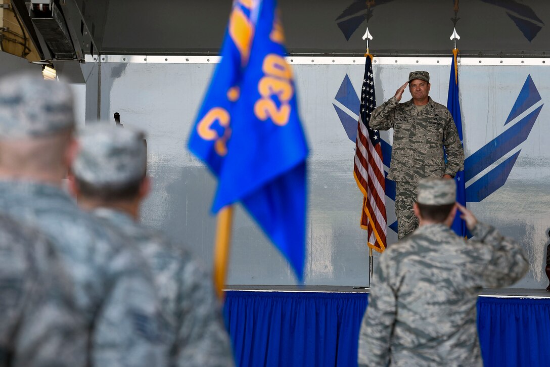 Col. Brian Stumpe, 23d Mission Support Group commander, renders his first salute as the leader of the 23d MSG during a change of command ceremony, July 25, 2018, at Moody Air Force Base, Ga. Stumpe was previously the Director of Installations for U.S. Air Forces Central Command (AFCENT), Al Udeid AB, Qatar. He will take command of the 23d MSG, which is comprised of six squadrons with approximately 1,500 personnel dedicated to training, equipping and deploying personnel support forces to build, protect and sustain air bases worldwide for combat air operations. (U.S. Air Force photo by Senior Airman Greg Nash)