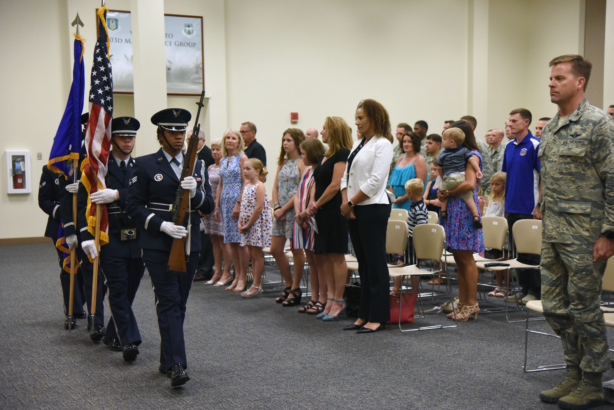 Members of the Keesler Honor Guard present the colors during the 333rd Training Squadron change of command ceremony in the Roberts Consolidated Aircraft Maintenance Facility at Keesler Air Force Base, Mississippi, July 24, 2018. U.S. Air Force Lt. Col. Andrew Miller, incoming 333rd TRS commander, assumed command from Lt. Col. Nathaniel Huston, outgoing 333rd TRS commander. (U.S. Air Force photo by Kemberly Groue)