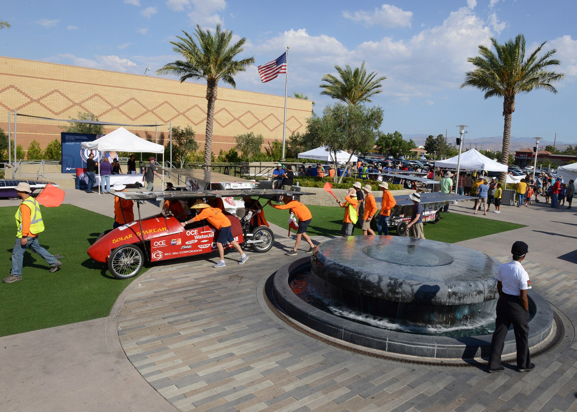 Fueled only by the sun’s rays, 26 custom-built cars made their way across the United States on a trek that ended at the Antelope Valley Mall in Palmdale, California, July 23 for the finale of this year’s Solar Car Challenge. (U.S. Air Force photo by Kenji Thuloweit)