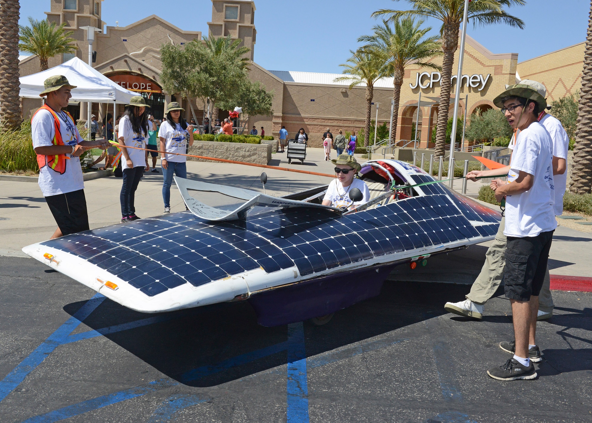 One of 26 custom-built cars that made their way across the United States on a trek that ended at the Antelope Valley Mall in Palmdale, California, July 23 for the finale of this year’s Solar Car Challenge. Each car was powered only by the sun’s energy. (U.S. Air Force photo by Kenji Thuloweit)