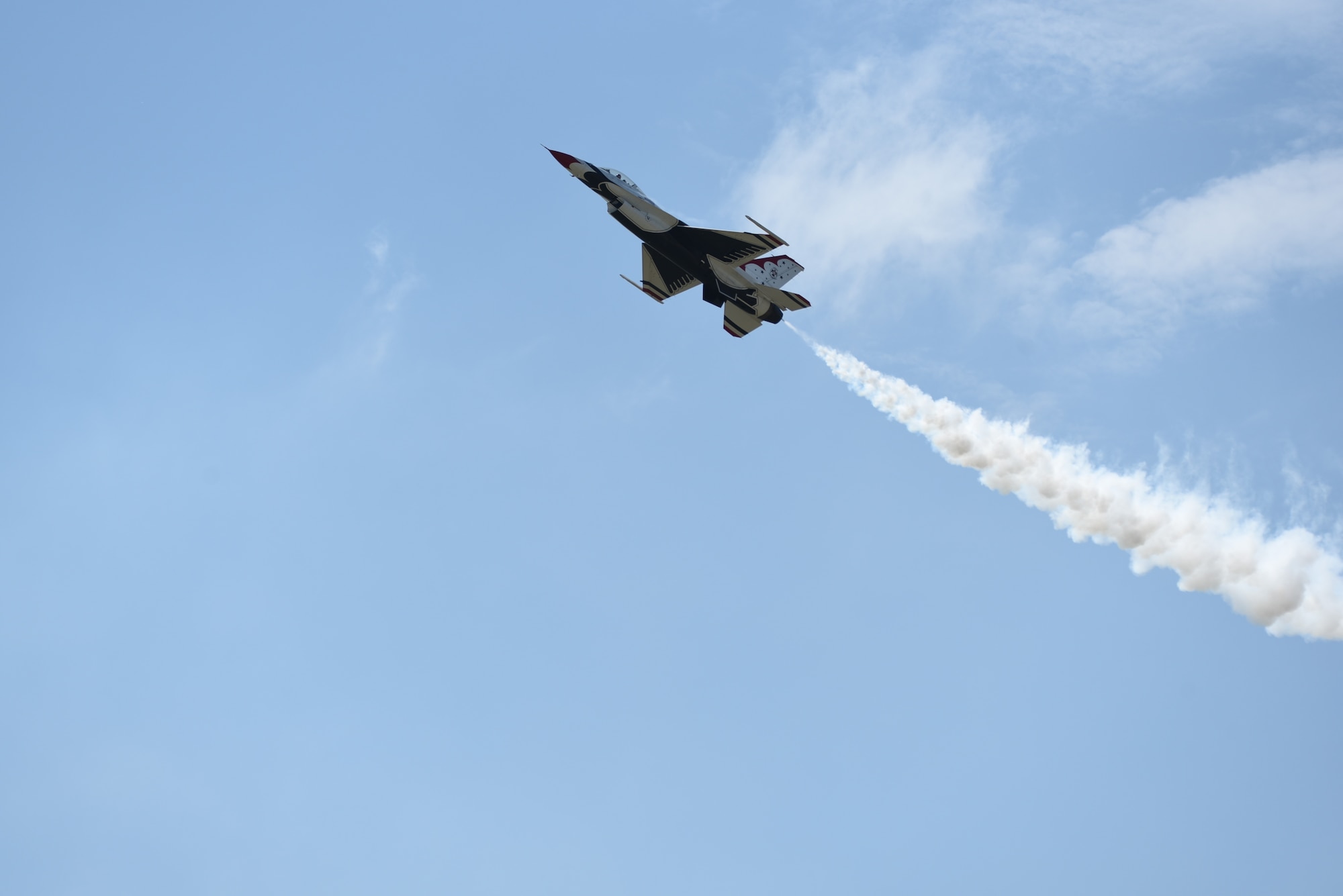 The U.S. Air Force Thunderbirds perform aerial acrobatics during Cheyenne Frontier Days in Cheyenne Wyo., July 25, 2018. The 3600th Air Demonstration unit, the official Air Force Air Demonstration team, was activated May 25, 1953. The unit adopted the name “Thunderbirds,” influenced in part by the strong Native American culture and folklore from the southwestern United States where Luke Air Force Base, Arizona, is located. The airshow provides a chance for the local community and worldwide visitors of CFD to see the U.S. Air Force in action over the skies of Cheyenne. (U.S. Air Force photo by Airman 1st Class Abbigayle Wagner)