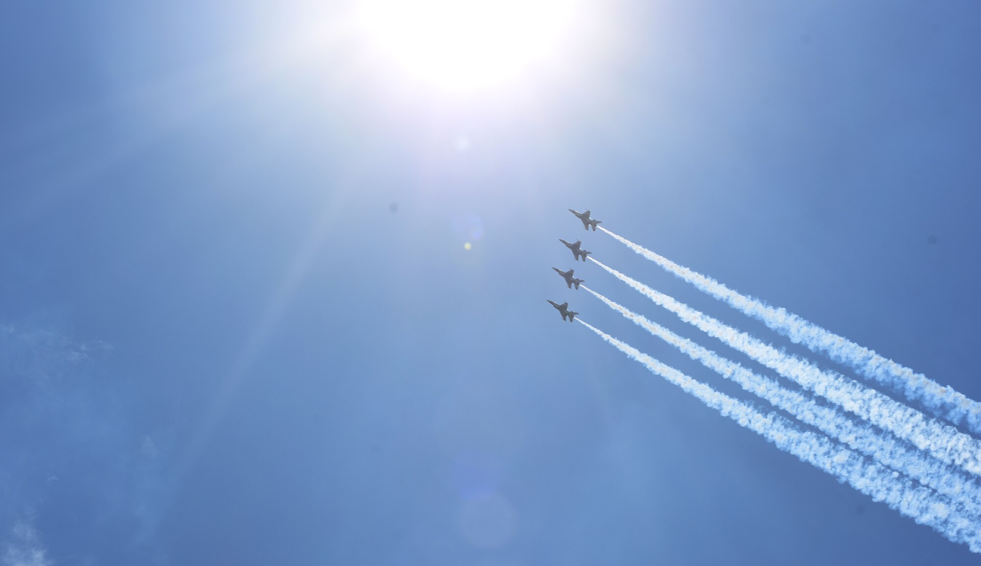 Two U.S Air Force Thunderbirds roar by during Cheyenne Frontier Days in Cheyenne, Wyo., July 25, 2018. Thunderbirds air shows are the culmination of hundreds of hours of training, maintenance, preparation and practice. The airshow provides a chance for the local community and worldwide visitors of CFD to see the U.S. Air Force in action over the skies of Cheyenne. (U.S. Air Force photo by Senior Airman Breanna Carter)