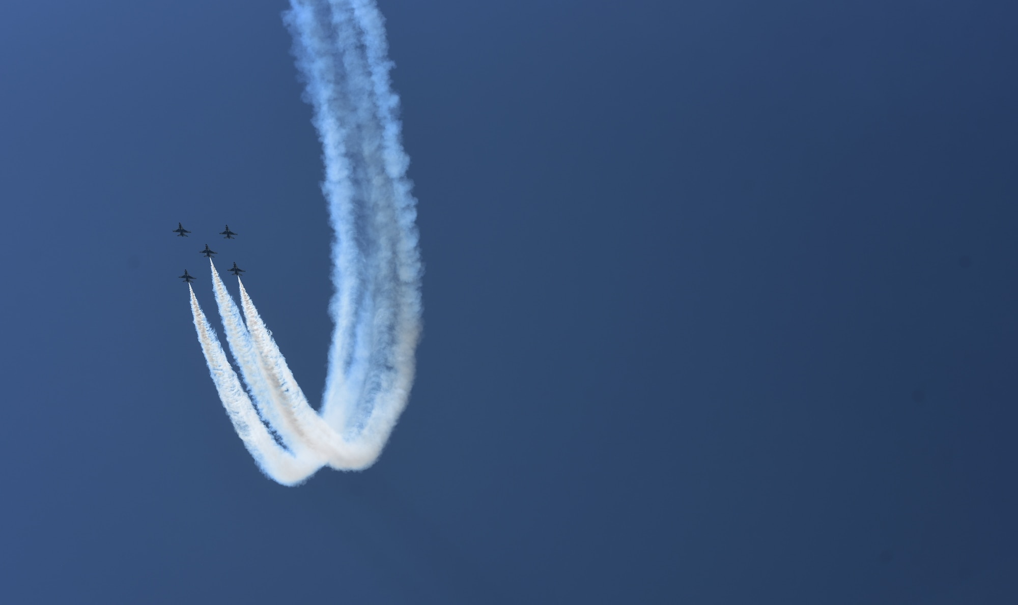 The U.S. Air Force Thunderbirds perform aerial acrobatics during Cheyenne Frontier Days in Cheyenne Wyo., July 25, 2018. The 3600th Air Demonstration unit, the official Air Force Air Demonstration team, was activated May 25, 1953. The unit adopted the name “Thunderbirds,” influenced in part by the strong Native American culture and folklore from the southwestern United States where Luke Air Force Base, Arizona, is located. The airshow provides a chance for the local community and worldwide visitors of CFD to see the U.S. Air Force in action over the skies of Cheyenne. (U.S. Air Force photo by Senior Airman Breanna Carter)