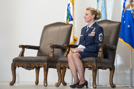 Friends, family, colleagues, and invited guests attend the retirement ceremony for Air Force Chief Master Sgt. Gay L.C. Veale, held at Hangar 1, Joint Base Elmendorf-Richardson, Alaska, July 20, 2018. Chief Veale retired after 30 years of exemplary and faithful service.