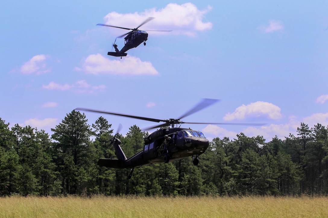 Two Army UH-60L Black Hawk helicopters prepare to land and drop off soldiers.