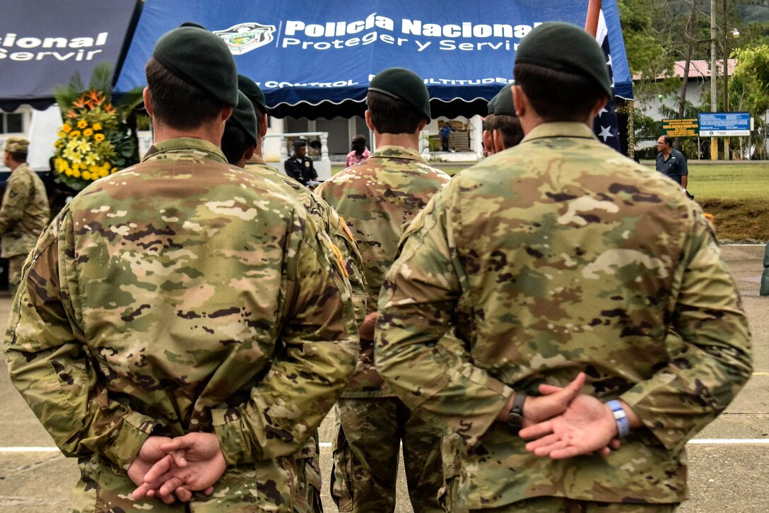 Soldiers listen to remarks during the Fuerzas Comando 2018 opening ceremony.