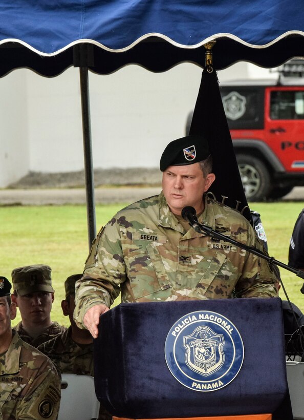 Deputy commander speaks during the Fuerzas Comando 2018 opening ceremony.