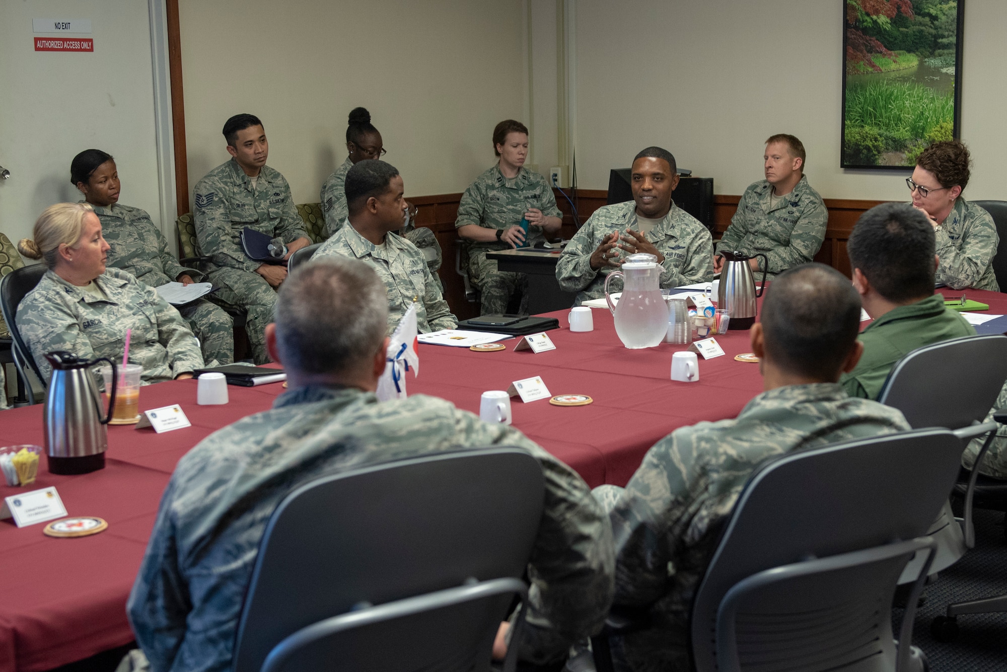 Col. Otis C. Jones, 374th Airlift Wing commander, addresses the room after the mission briefing portion of the 374th Medical Group immersion tour at Yokota Air Base, Japan, July 24, 2018.