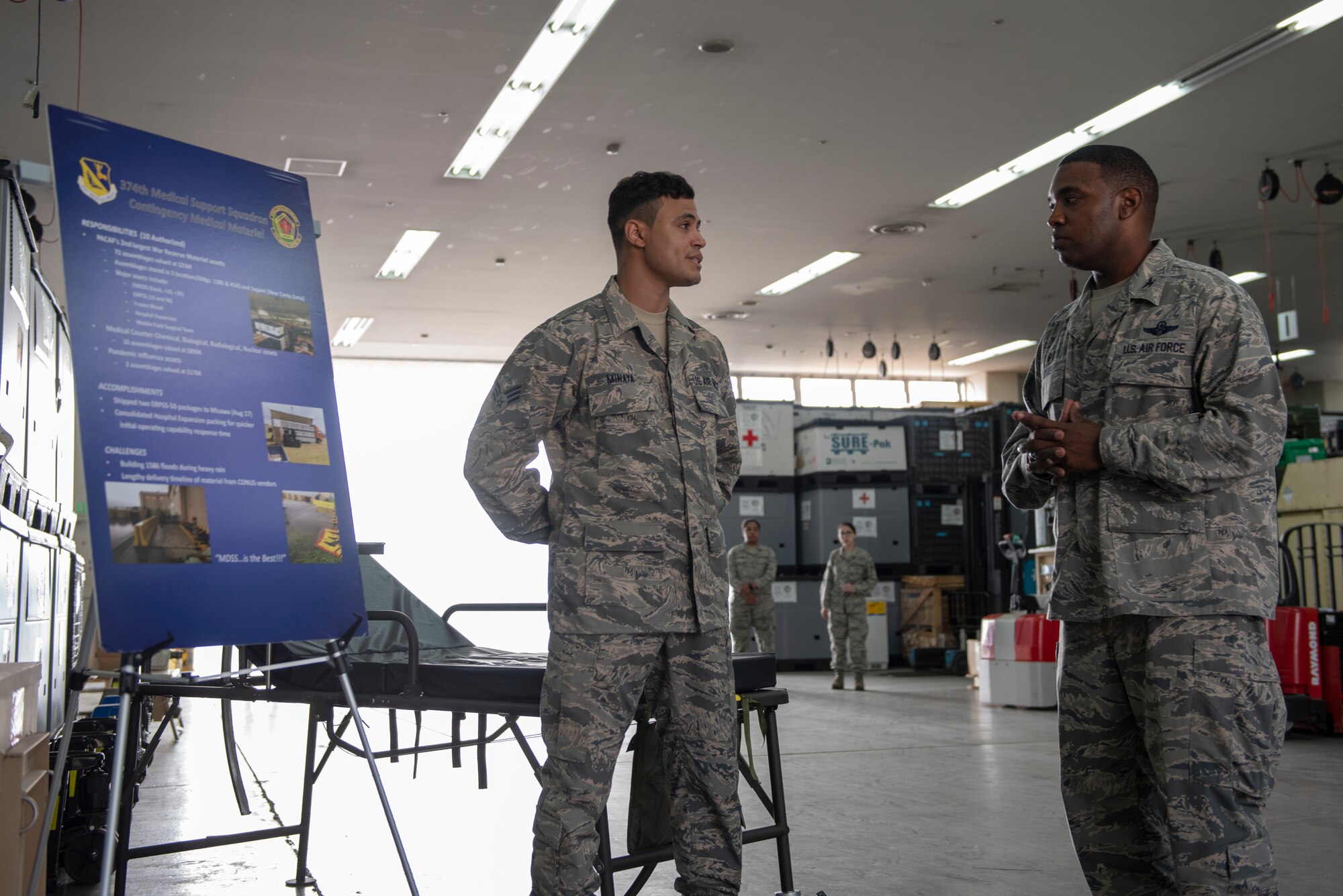 Senior Airman Alejandro Minaya, 374th Medical Support Squadron war reserve material technician, briefs Col. Otis C. Jones, 374th Airlift Wing commander, on contingency medical materiel during the 374th Medical Group immersion tour at Yokota Air Base, Japan, July 24, 2018.