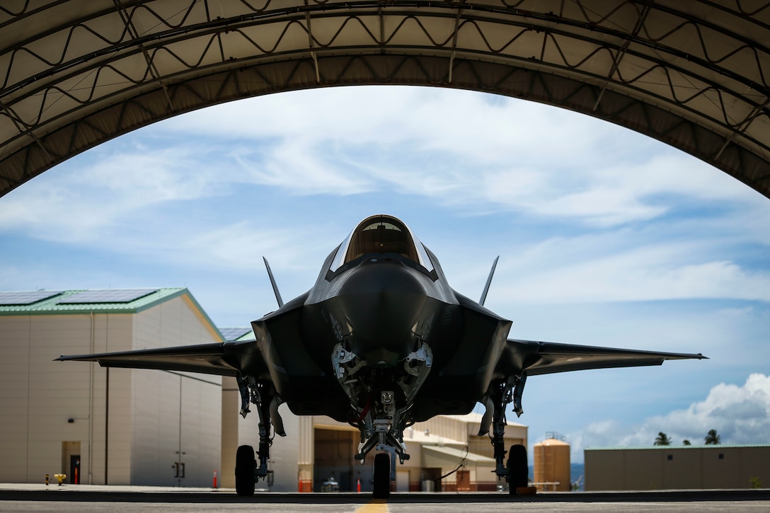 A U.S. Marine Corps F-35B Lightning II assigned to Marine Fighter Attack Detachment 211, 13th Marine Expeditionary Unit, is displayed during at a media day at Joint Base Pearl Harbor-Hickam, during a regularly scheduled deployment of Essex Amphibious Ready Group and 13th MEU, July 21, 2018. The Essex ARG/ 13th MEU team is a strong, flexible, responsive, and consistent force capable of maneuver warfare across all domains; it is equipped and scalable to respond to any crisis from humanitarian assistance and disaster relief to contingency operations. The Essex ARG and 13th MEU is the first continental United States Navy/Marine Corps team to deploy with the F-35B.