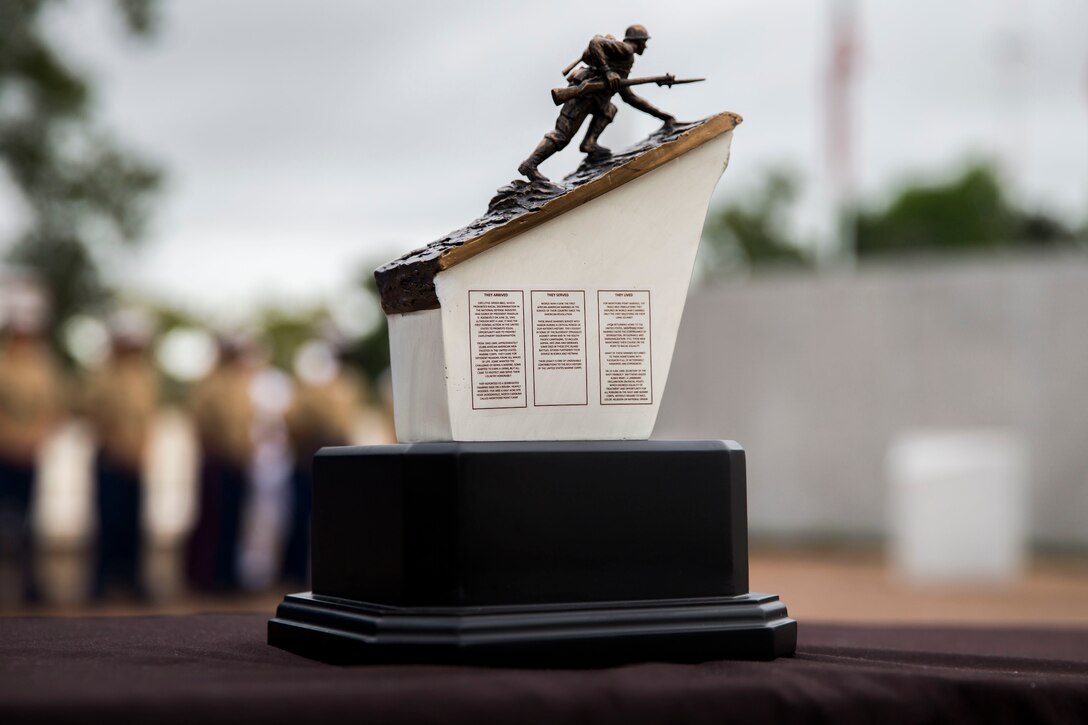 The Montford Point Marine Memorial gift is displayed during the Montford Point Marine Memorial gifting ceremony at the Montford Point Marine Memorial in Jacksonville, N.C., July 25, 2018. The Montford Point Marine Memorial is dedicated to the first African Americans to serve in the United States Marine Corps and captures the historical impact and positive changes the Montford Point Marines have had on our country.