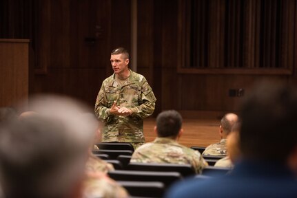 Sgt. Maj. of the Army Daniel A. Dailey discusses readiness, modernization, “pinks and greens” and the new Army Combat Fitness Test with Hoosier Soldiers during a town hall meeting at the Indiana National Guard Headquarters in Indianapolis, Ind., on July 25, 2018.