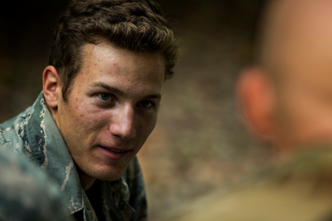 An Air Force airman practices individual movement techniques during Prime Base Engineer Emergency Force training.