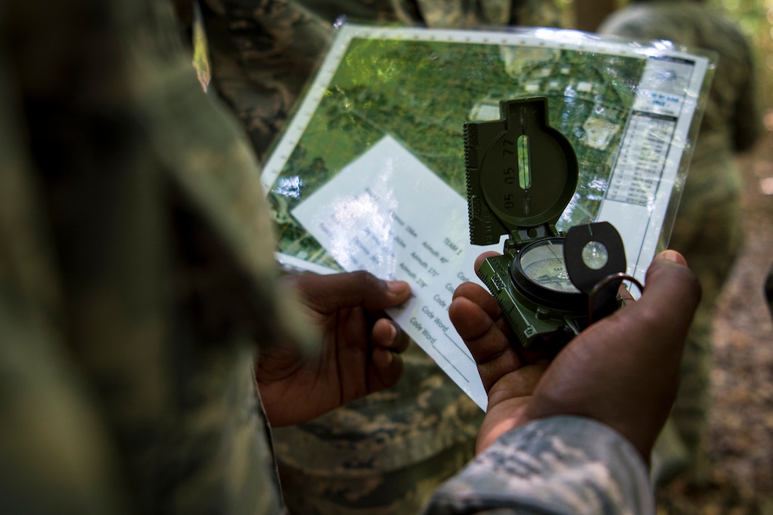 An airman practices land navigations.