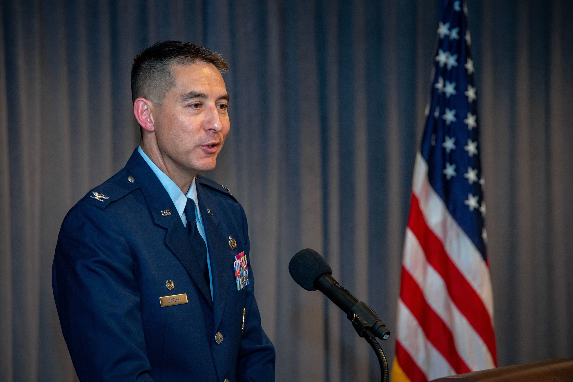 Maxwell AFB, Ala. - Colonel Patrick J. Carley assumes command of the 42d Air Base Wing in a ceremony presided over by Commander and President of Air University Lieutenant General Anthony J. Cotton, July 23, 2018.  (US Air Force photo by Melanie Rodgers Cox)