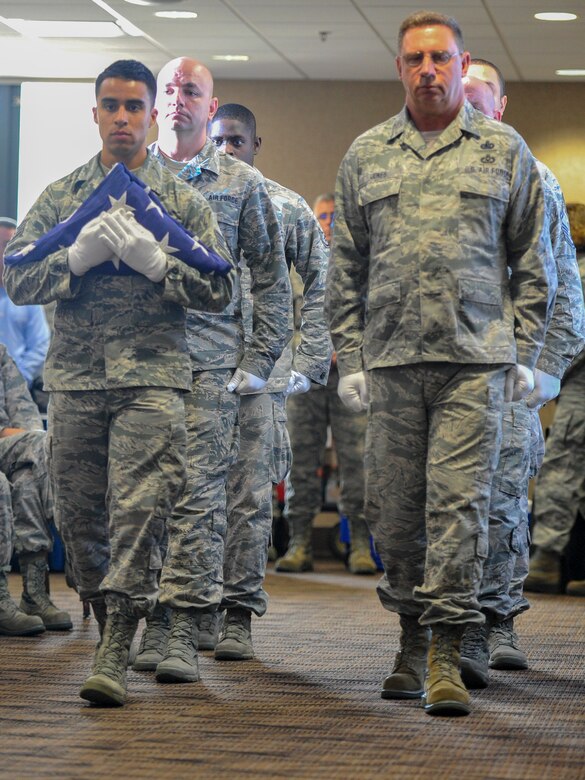 A six-person honor guard, made up of volunteer 910th Airlift Wing Reserve Citizen Airmen and Ohio Air National Guard Airmen, demonstrated a funeral honors ceremony July 25, 2018, during a Ohio Air National Guard Enlisted Leadership Symposium that was held in the Community Activity Center on Youngstown Air Reserve Station.