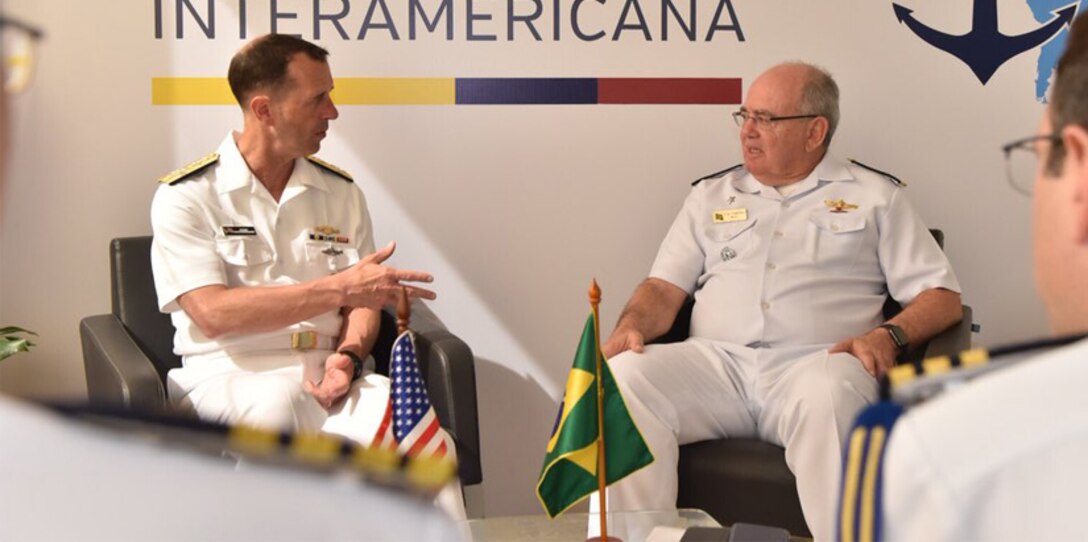 Chief of Naval Operations Adm. John Richardson talks with the Commander of the Brazilian Navy Adm. Eduardo Leal Ferreira