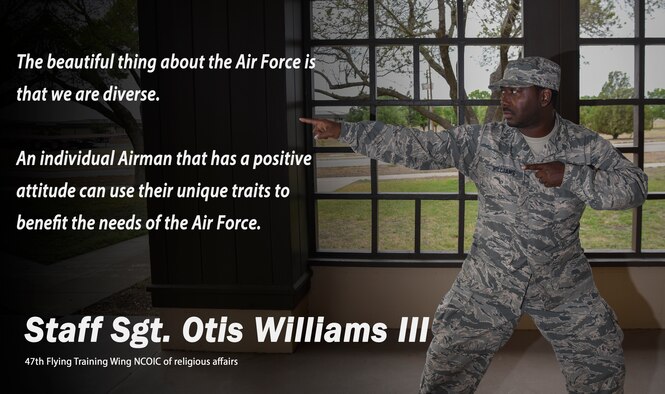 Staff Sgt. Otis Williams, 47th Flying Training Wing NCO in charge of religious affairs, shares his insight on being part of the Airman family at Laughlin Air Force Base, July 26, 2018. Williams enlisted more than 14 years ago and still has a huge determination to support Airmen and their families day in, day out through serving the chapel and building meaningful relationships.