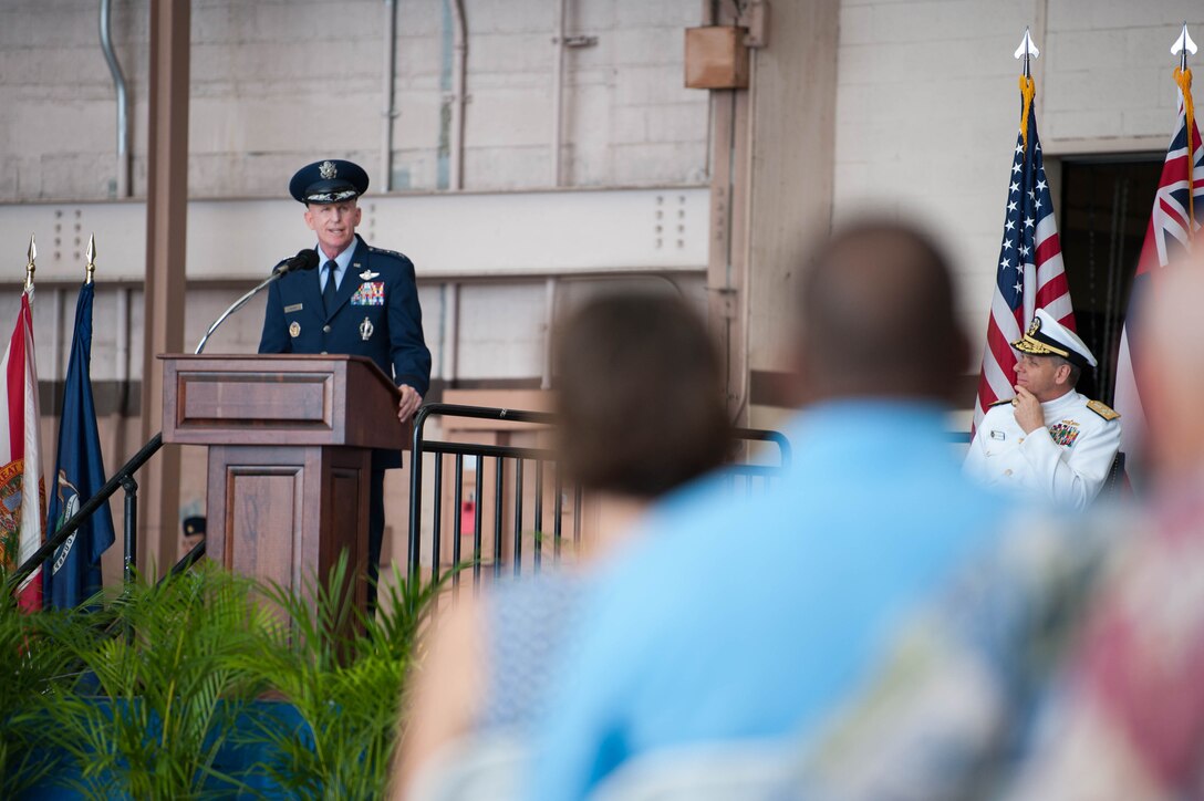 Air Force Vice Chief of Staff Gen. Stephen W. Wilson provides remarks during the Pacific Air Forces (PACAF) assumption of command ceremony at Joint Base Pearl Harbor-Hickam, Hawaii, July 26, 2018. Wilson and Adm. Philip S. Davidson, U.S. Indo-Pacific Command commander, presided over the ceremony in which Gen. C.Q. Brown, Jr. assumed command of PACAF. Brown now leads U.S. Indo-Pacific Command's air component, delivering airpower across 53 percent of the globe.