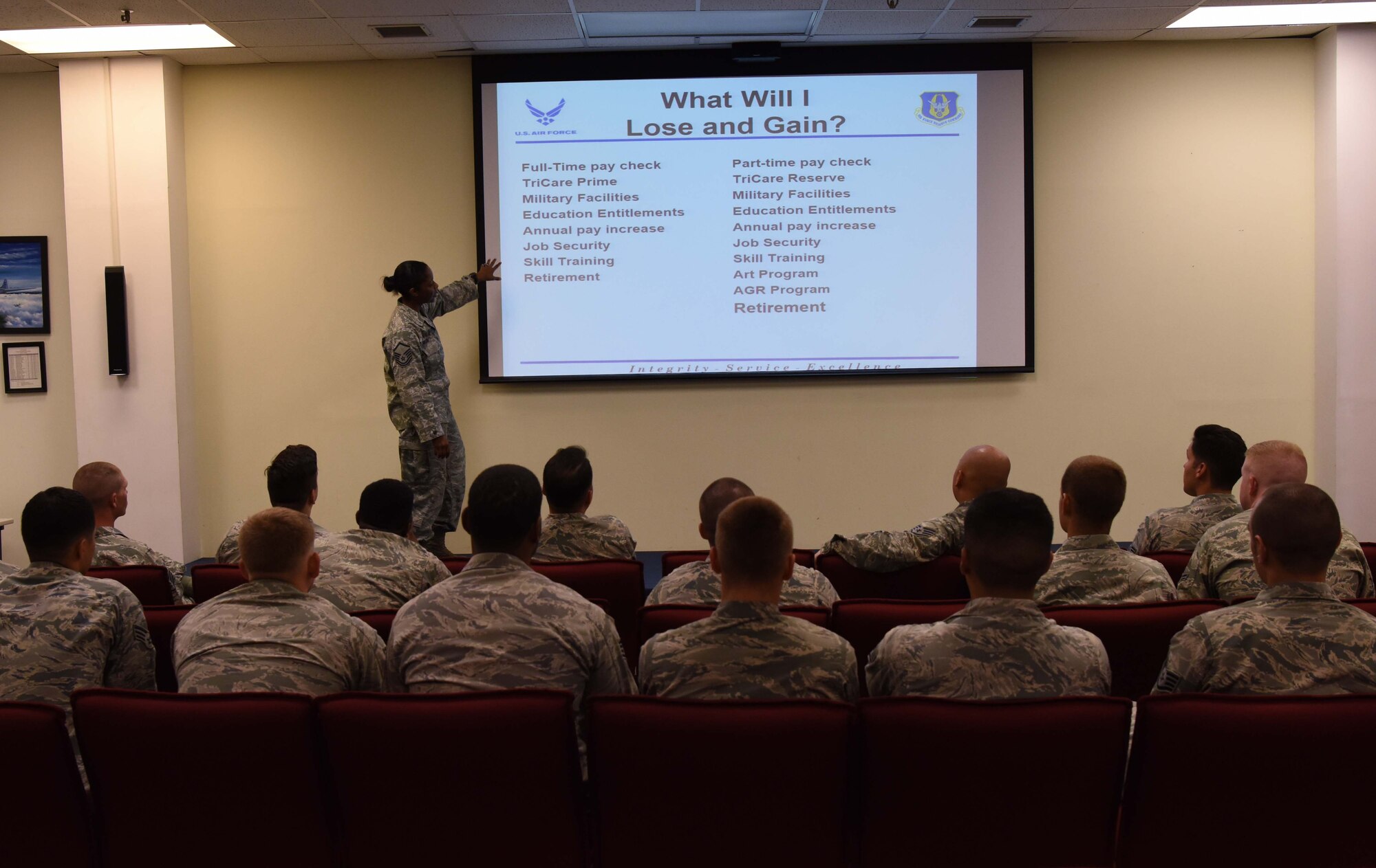 U.S. Air Force Master Sgt. Venita Miles, Pacific Air Forces in-service recruiter, briefs Airmen on the pros and cons of joining the reserve component at Kunsan Air Base, Republic of Korea, July 19, 2018. Miles held a Palace Chase and Palace Front briefing to educate Airmen on opportunities outside of active-duty.