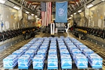 A United Nations Honor Guard member carries remains during a dignified return ceremony at Osan Air Base, South Korea.