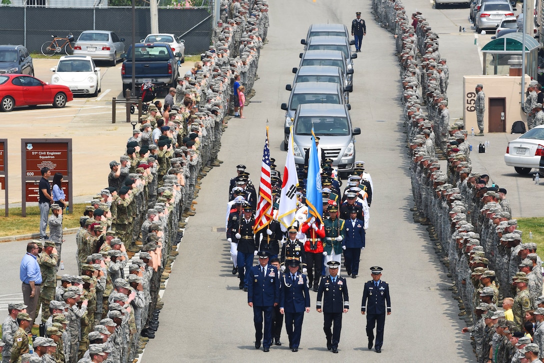 United Nations Command returned 55 cases of remains from the Democratic People's Republic of Korea, also known as North Korea, to Osan Air Base, South Korea, July 27, 2018. Members of the command and the Osan community were on hand at the arrival ceremony. Air Force photo by Tech. Sgt. Ashley Tyler