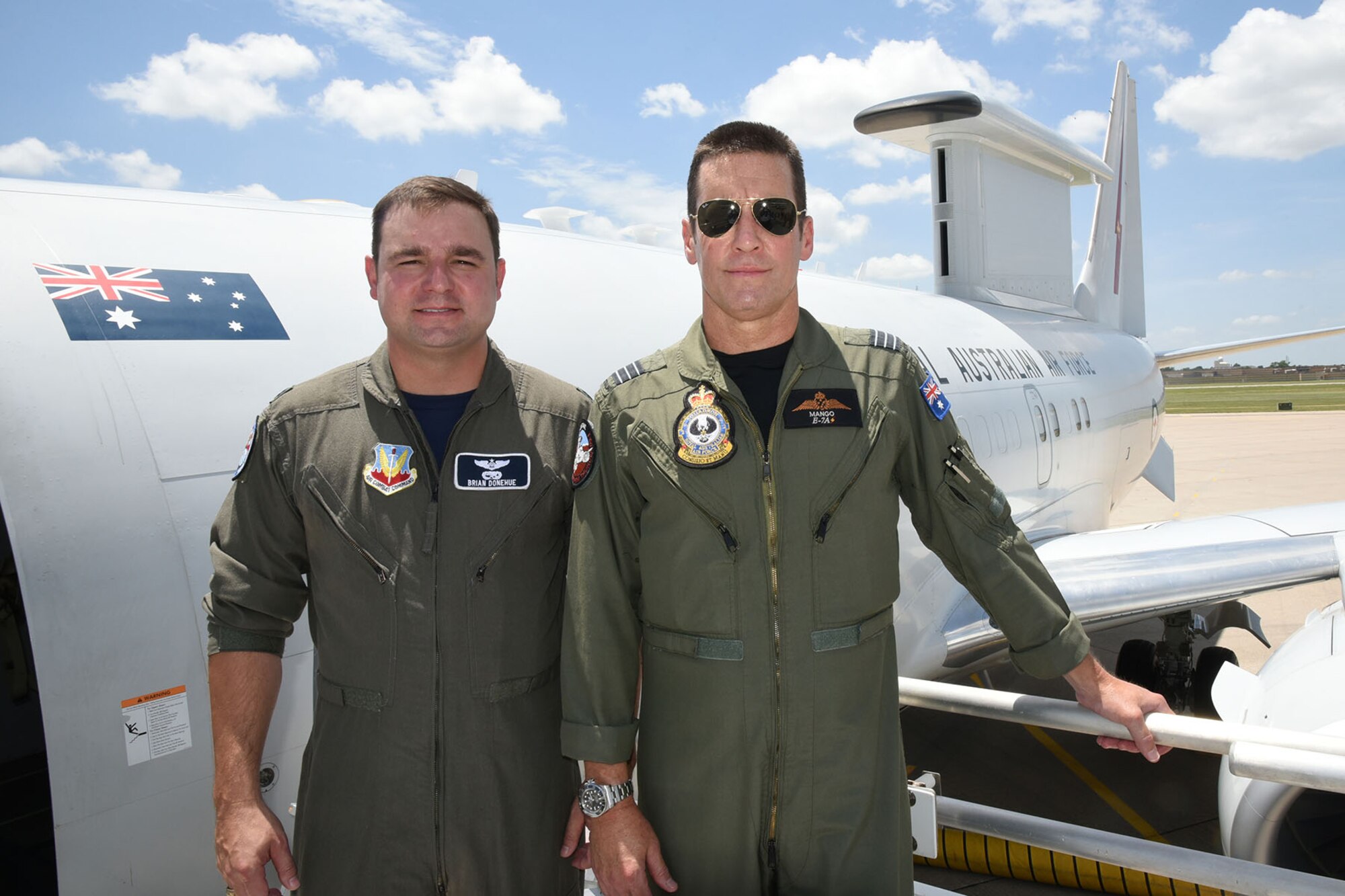 A crew from the Royal Australian Air Force flew one of their E-7A "Wedgetail" AEW&C (Airborne Early Warning and Control) aircraft into Tinker July 13. Wing Commander Mike "Mango" Bowen met with the 552nd Air Control Wing Director of Staff Lt. Col. Brian Donehue to discuss with reporters their new exchange program between the two wings.