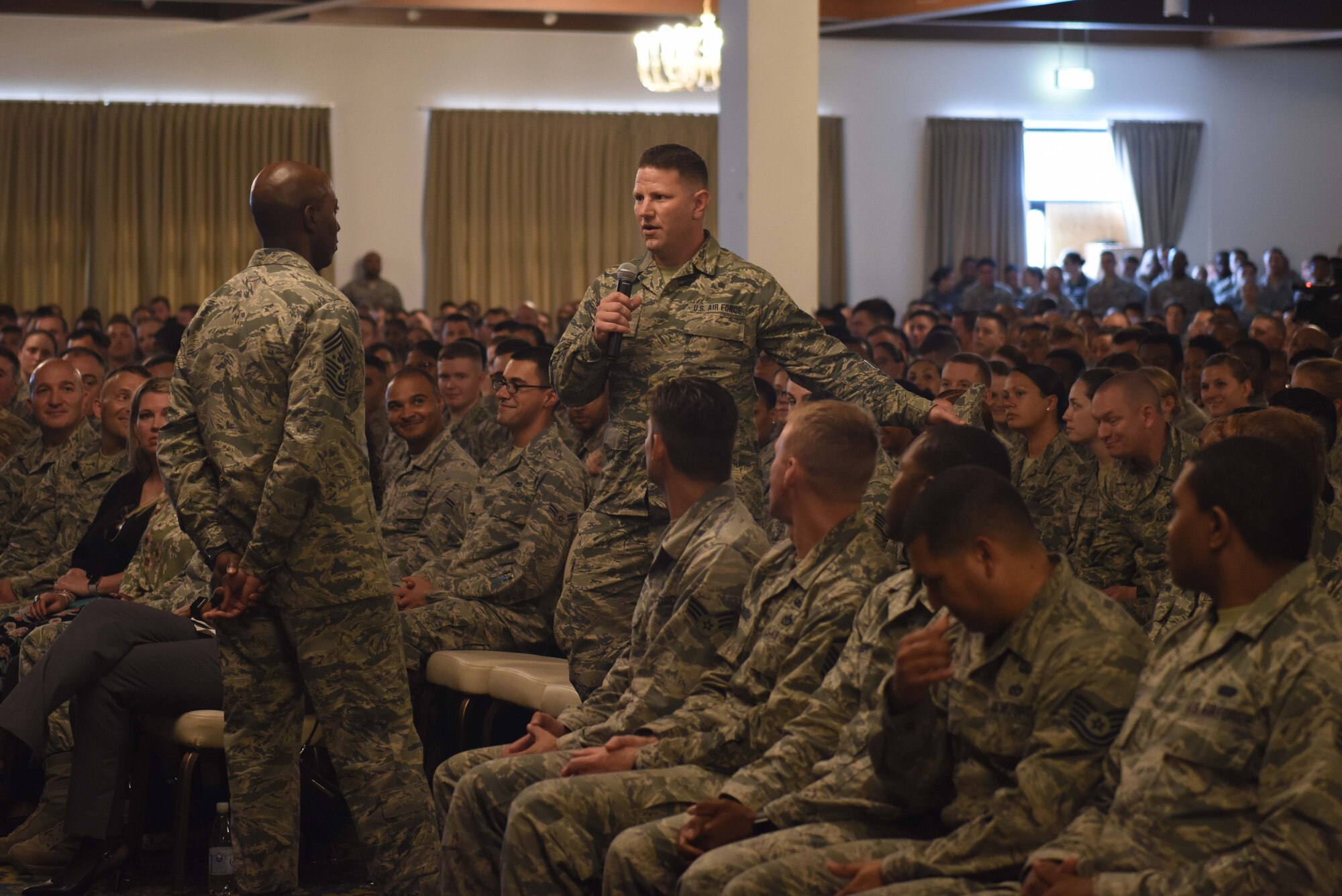 Tech. Sgt. Matthew Prouse, U.S. Air Forces in Europe A6 o-planner, asks Chief Master Sgt. of the Air Force Kaleth O. Wright a question at an enlisted all-call June 26, 2018 on Ramstein Air Base, Germany. Wright answered questions for most of the event, wanting all Airmen to know they have a voice in this Air Force.