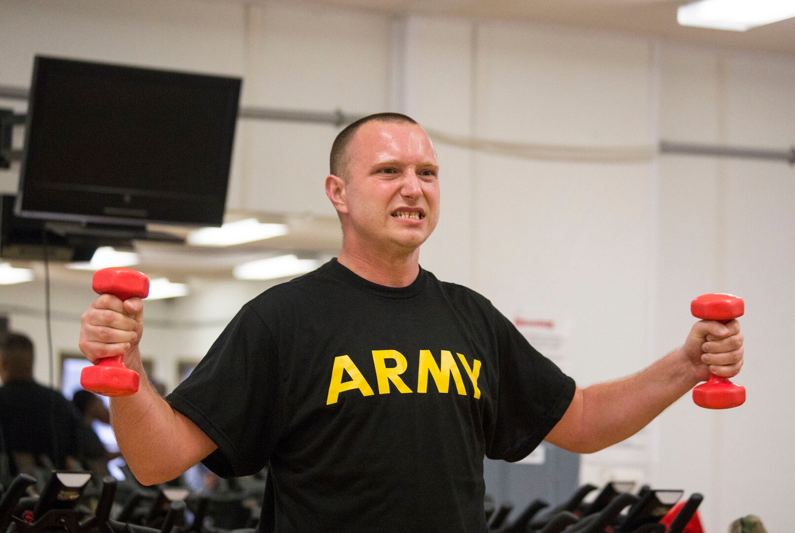 Sgt. Richard Hutton, a student with the New Jersey National Guard SWEAT Program, takes part in a workout at Joint Base McGuire-Dix-Lakehurst on July 24, 2018. SWEAT stands for Soldier Wellness Education and Training and is designed to help Soldiers whose careers have been set back – or will end prematurely – unless they improve their physical fitness.