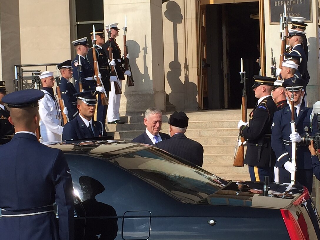Defense Secretary James N. Mattis welcomes Yusuf bin Alawi, Oman's minister responsible for foreign affairs, to the Pentagon for consultations.