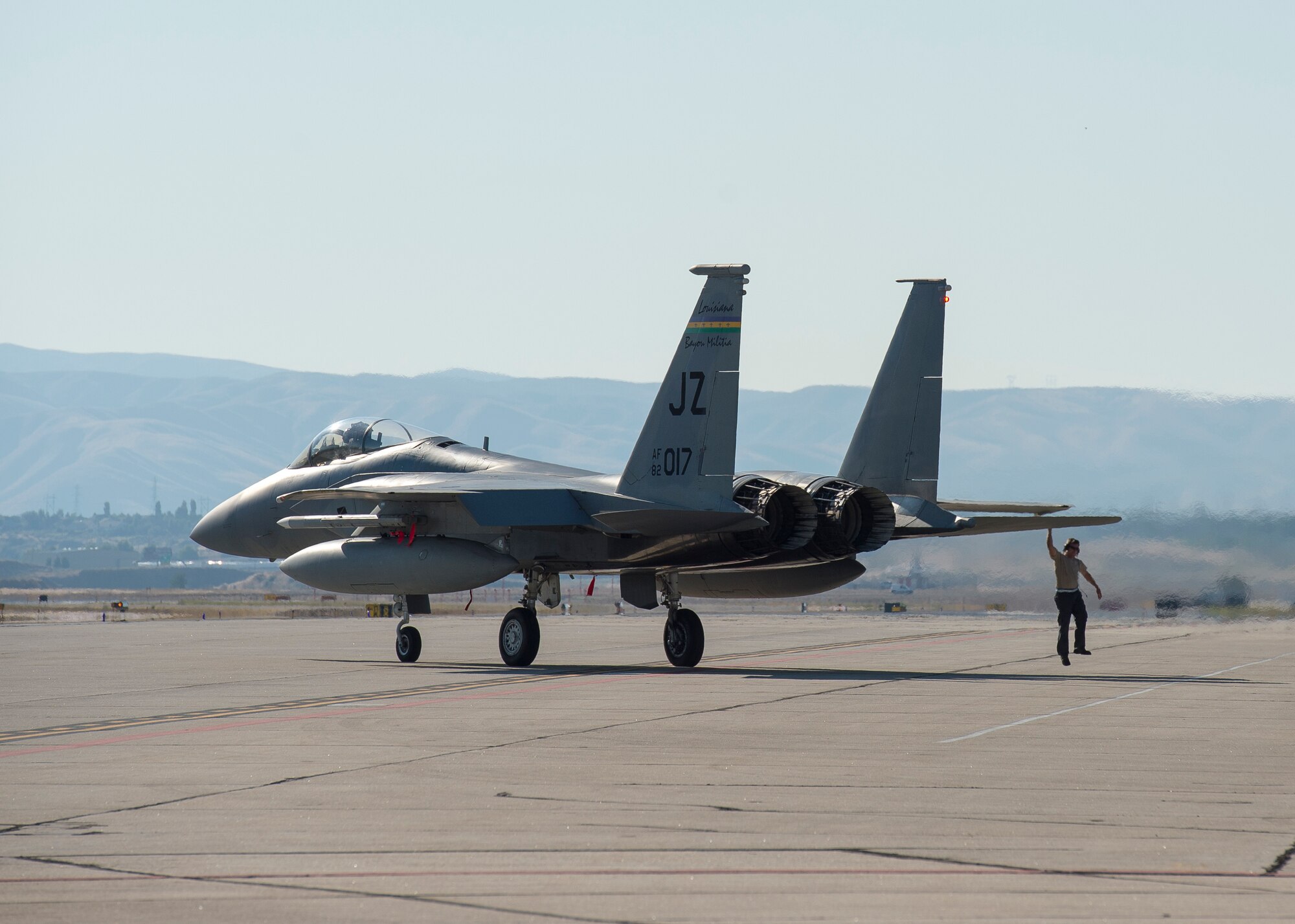 An F-15C assigned to the 122nd Fighter Squadron, 159th Fighter Wing, Naval Air Station Joint Reserve Base New Orleans, La., taxies at Gowen Field, Boise, Idaho, July 19, 2018. The 122nd FS is training with the 124th Fighter Wing's 190th Fighter Squadron A-10 Thunderbolt II. (U.S. Air National Guard photo by Master Sgt. Joshua C. Allmaras)