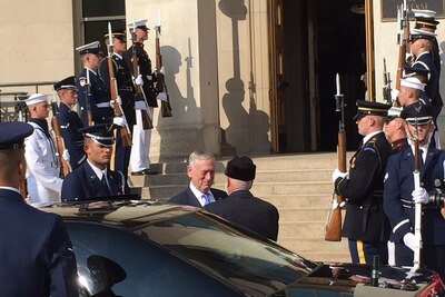 Defense Secretary James N. Mattis welcomes Yusuf bin Alawi, Oman's minister responsible for foreign affairs, to the Pentagon for consultations.