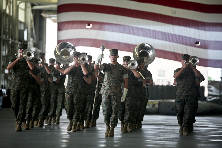 The Parris Island Marine Corps Band performs during a change of command ceremony aboard Marine Corps Air Station Beaufort July 19. The Parris Island Marine Corps Band’s primary mission is to provide musical support for recruit graduations and other military ceremonies and events.