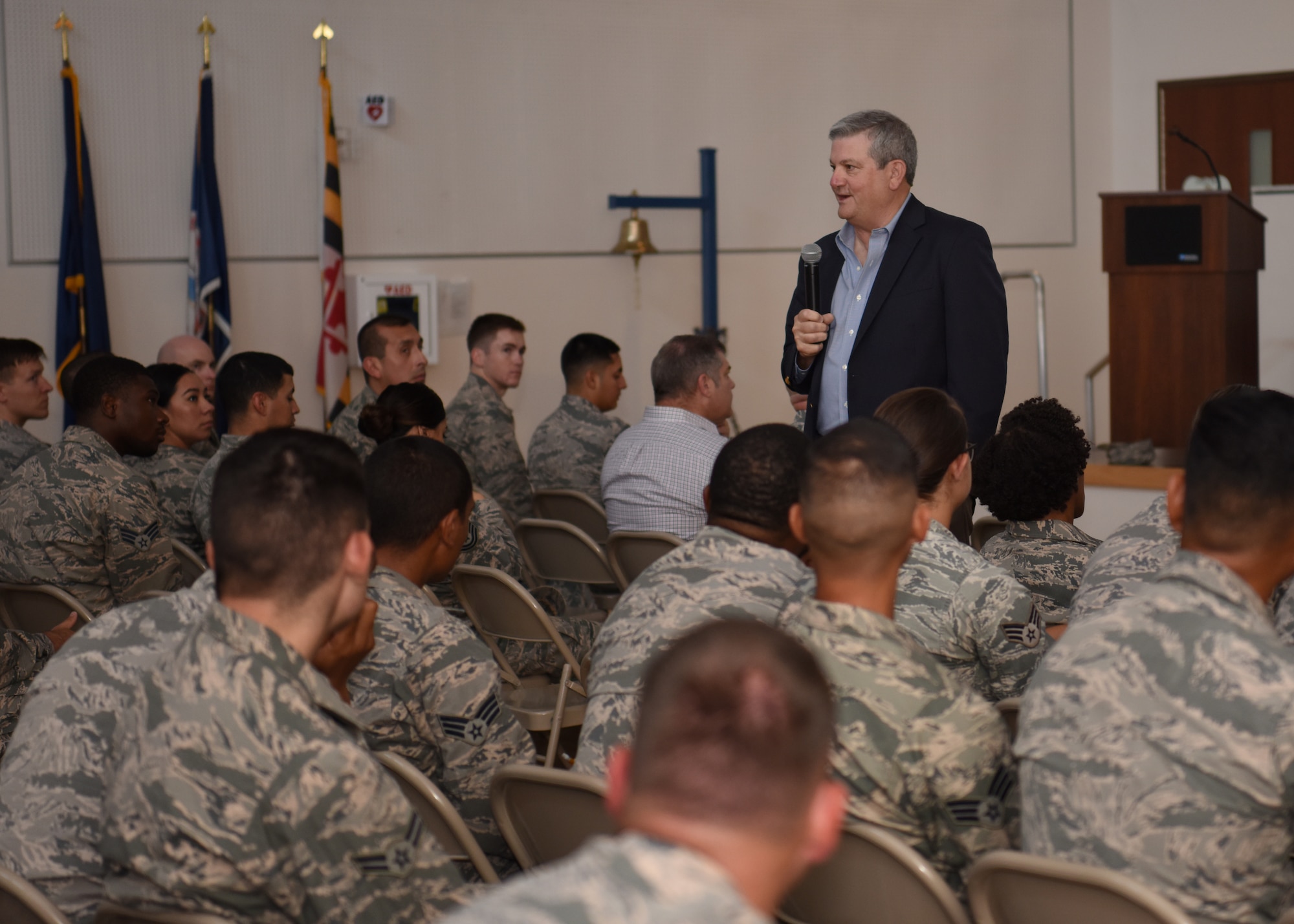 Retired U.S. Air Force Lt. Gen. Vern Findley shares his experience with Thunderbolts from the 56th Mission Support Group during a wing training day July 23, 2018 at Luke Air Force Base, Ariz.